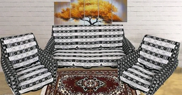 Dakshya Industries Black &White Color Cotton Sofa cover - White & Black, Cotton, Printed, Multipack 1